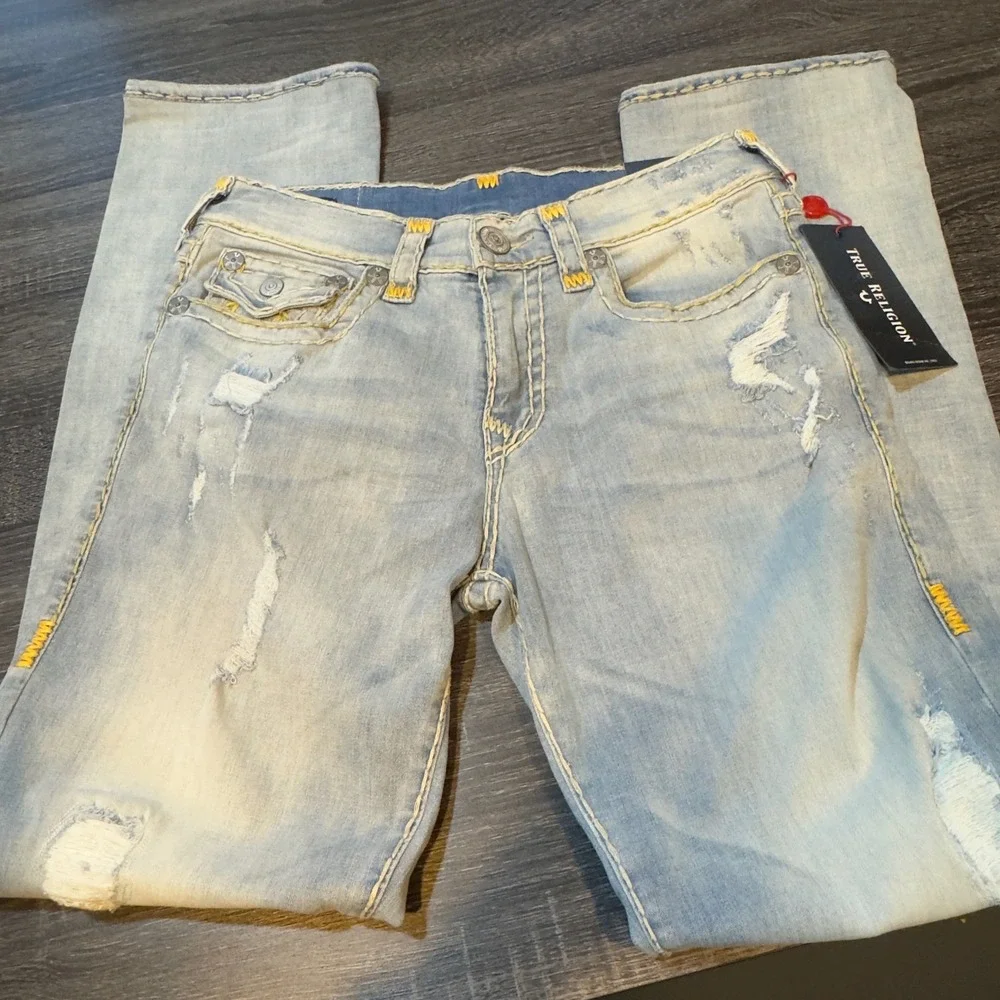 NWT True Religion Ricky Super T Flap Jeans Size‎ 31 Light Wash Distressed $299